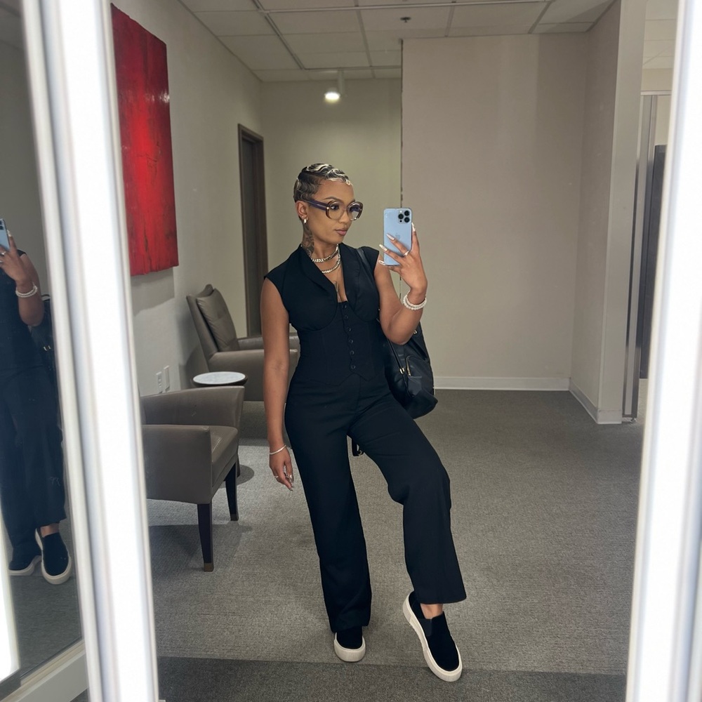 Black Full Length Jumpsuit with Collared Top and Relaxed Fit